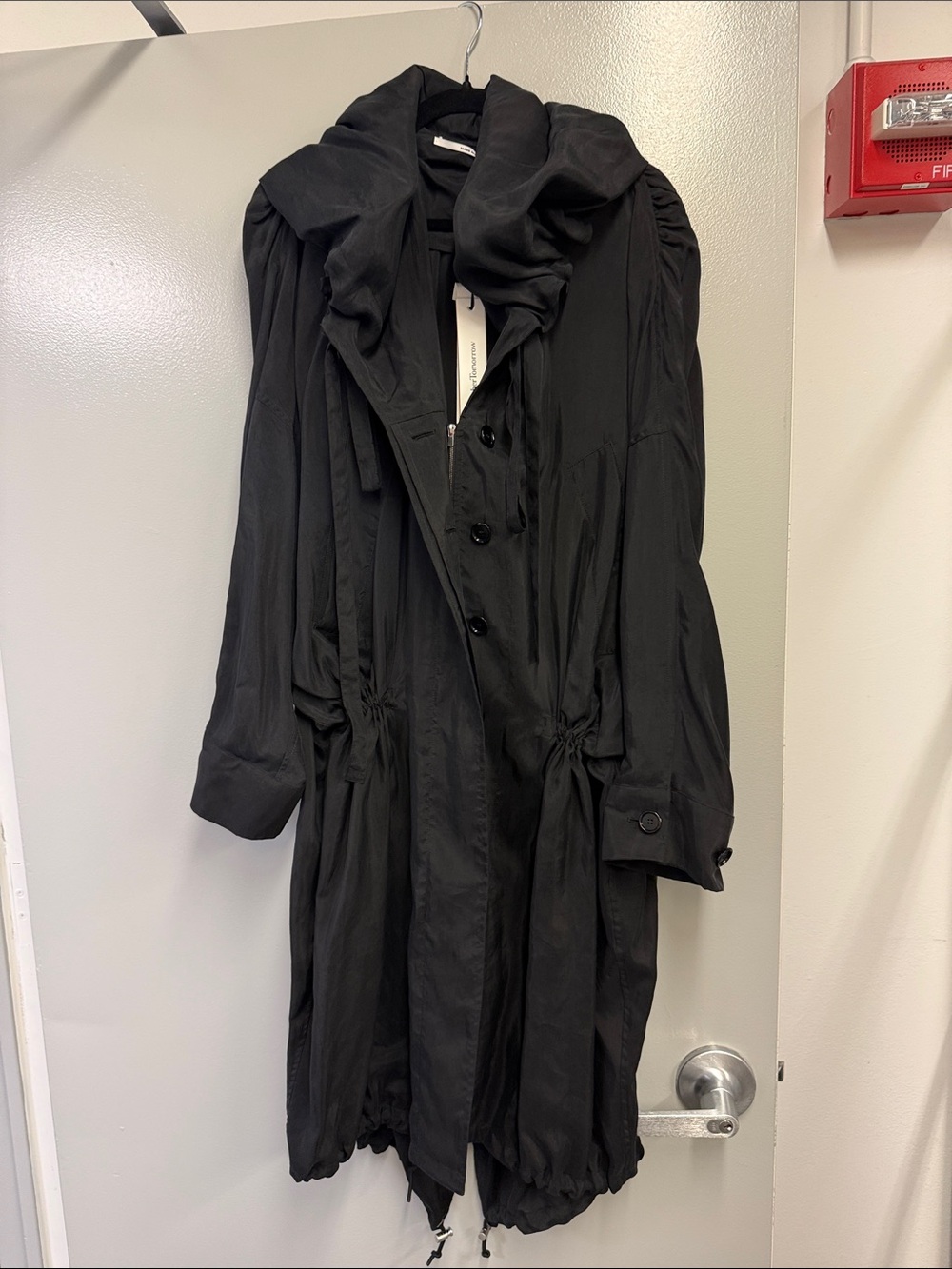 Another Tomorrow Women's Black Hooded Trench Coat with Drawstring Waist